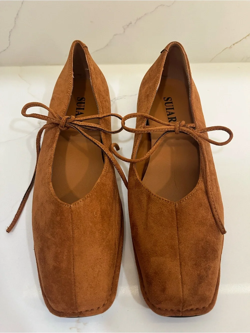 NWOT SUIARA Cognac Suede Square Toe Lace-Up Ballet Flats